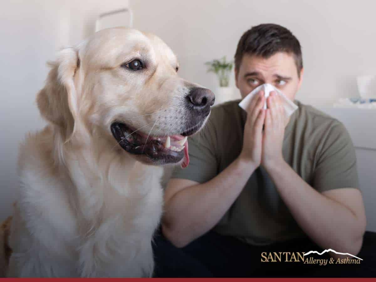 Man experiencing symptoms of dog allergies while sitting next to a dog